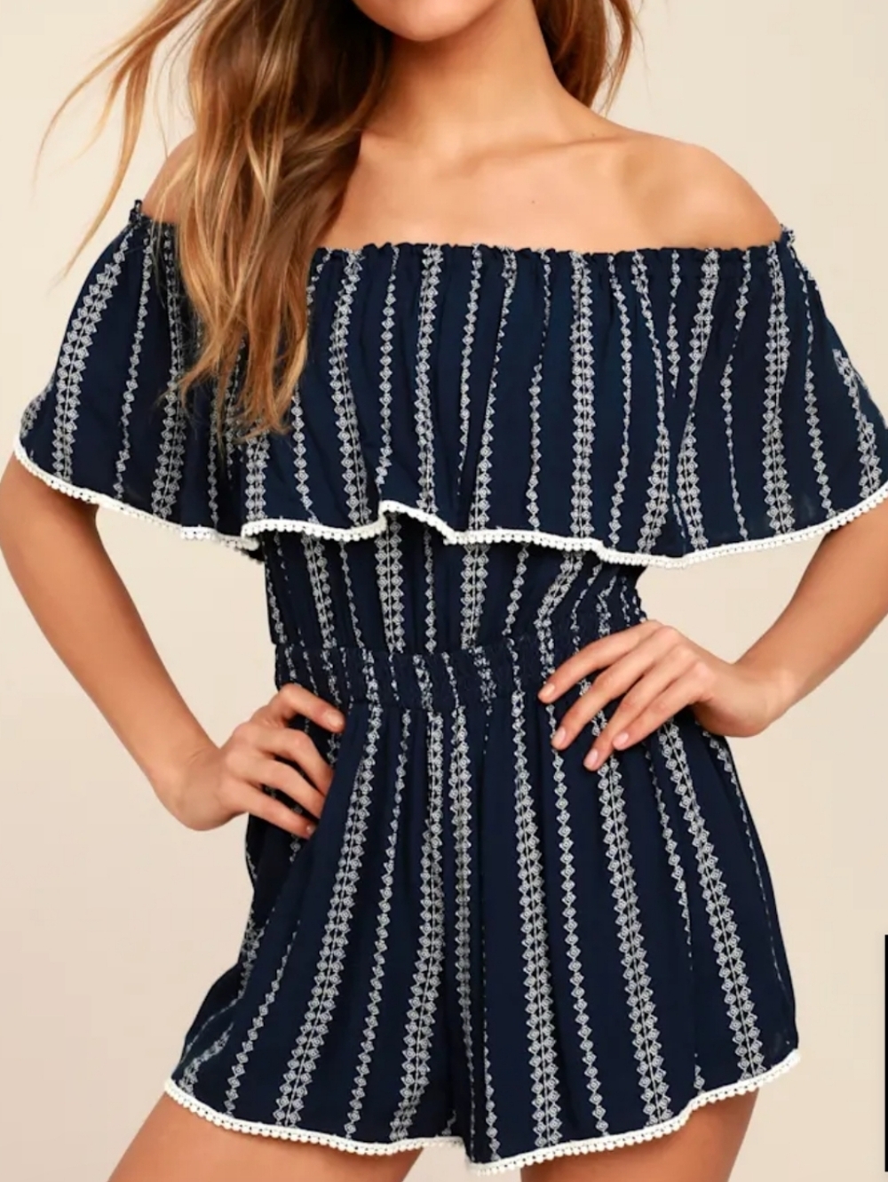 Lulus Womens See Ya There Romper Medium Off The Shoulder Preppy Modern